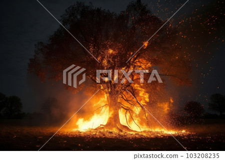 An orange and yellow burning tree against a striking red sky, a symbol of the destruction wrought by natural disasters. AI Generative An orange and yellow burning tree against a striking red sky, a symbol of the destruction wrought by natural disasters. AI Generative 103208235