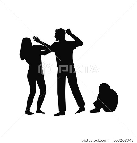 Domestic violence, husband beating wife, crying child 103208343