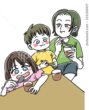 吃巧克力冰淇淋的母子（帶白邊） 103208407
