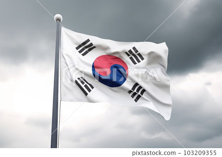 多雲的天空在風中飄揚的韓國國旗：AI 工作 103209355