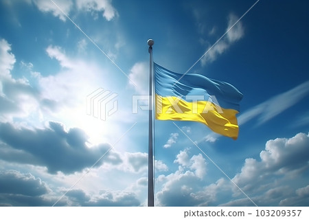 多雲的天空在風中飄揚的烏克蘭國旗：AI 工作 103209357