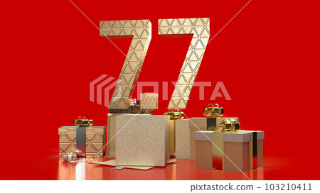 The gold number 7.7 on gift box on red Background  for promotion concept 3d rendering 103210411