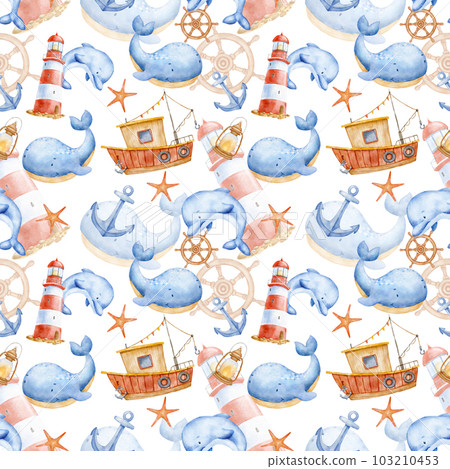 Cute watercolor nautical seamless pattern with sea animals characters and boat. Funny ocean background 103210453