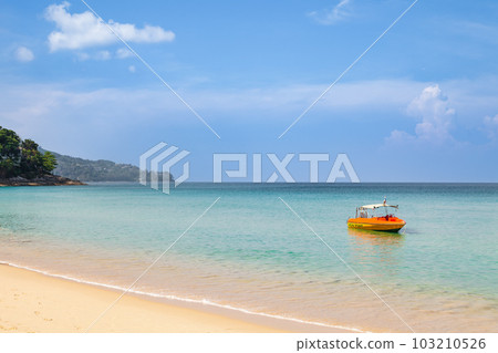Beautiful Surin beach in Choeng Thale city, Phuket, Thailand with white sand, turquoise water and palm trees 103210526