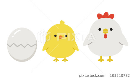 Full body illustration of a cute chicken and chick growing from an egg Full body illustration of a cute chicken and chick growing from an egg 103210782