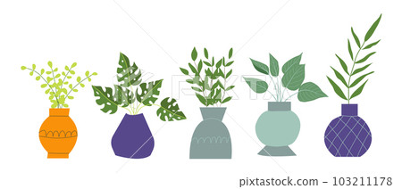 Urban jungle, trendy home decor with plants, tropical leaves in stylish planters and pots 103211178