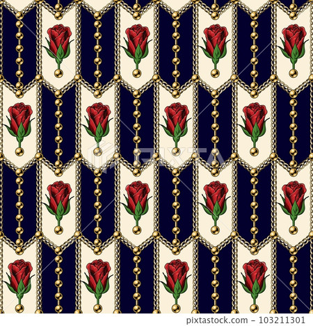 Chevron geometric pattern with gold realistic chains, red roses, beads. Tile staggered seamless background. Classic elegance design. 103211301