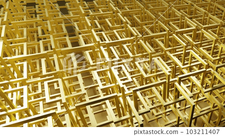 3D rendering of golden geometric mesh with square links segments. Industrial golden lattice production background. Realistic gold illustration background 103211407