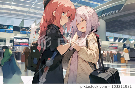 Two women going on a trip with friends 103211981