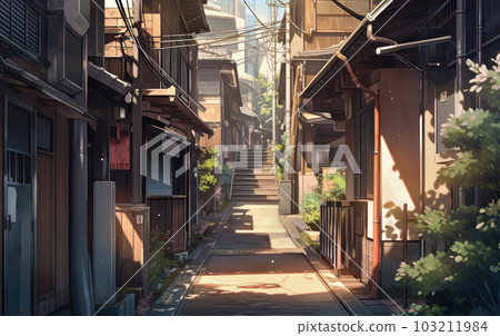 A narrow alley in a traditional Japanese town 103211984