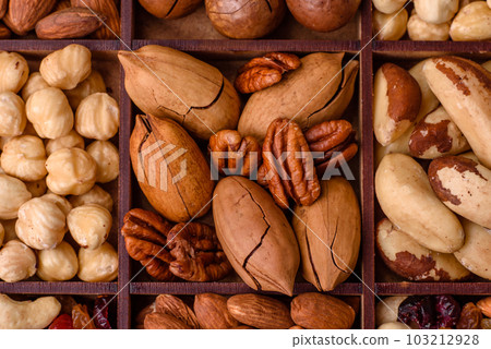 Mix of roasted macadamia nuts, cashews, pecans, almonds, raisins and dry berries Mix of roasted macadamia nuts, cashews, pecans, almonds, raisins and dry berries 103212928