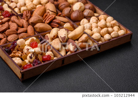 Mix of roasted macadamia nuts, cashews, pecans, almonds, raisins and dry berries Mix of roasted macadamia nuts, cashews, pecans, almonds, raisins and dry berries 103212944