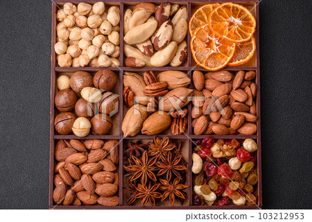 Mix of roasted macadamia nuts, cashews, pecans, almonds, raisins and dry berries Mix of roasted macadamia nuts, cashews, pecans, almonds, raisins and dry berries 103212953