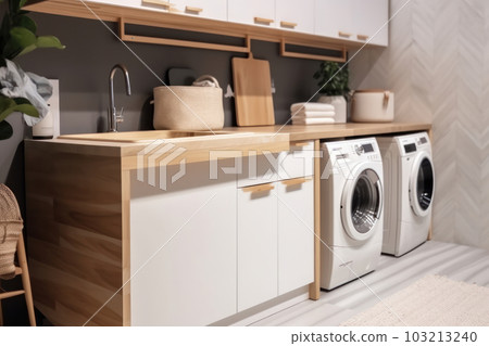 Convenient and efficient laundry experience with modern washing and drying appliances, AI Generative. Convenient and efficient laundry experience with modern washing and drying appliances, AI Generative. 103213240
