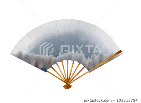 Watercolor illustration of a gray-blue open paper fan with a winter landscape on the background of Mount Fuji. Element isolated on white background Watercolor illustration of a gray-blue open paper fan with a winter landscape on the background of Mount Fuji. Element isolated on white background 103213784