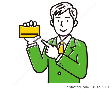 A man in a suit pointing at a credit card 103214061