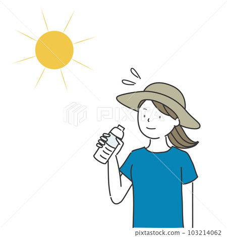 A woman wearing a hat drinking water from a plastic bottle in the sun 103214062