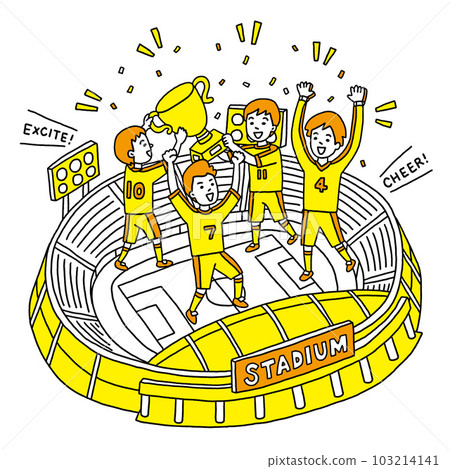 Soccer player rejoicing with the winning cup at the stadium 103214141