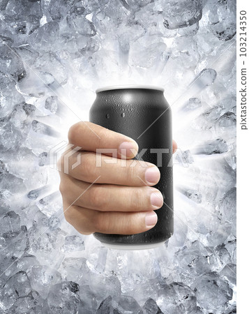 Aluminum can with water droplets in hand, on a Ice broken splash background 103214350