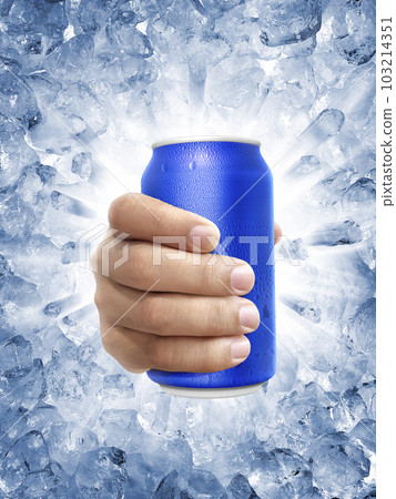 Aluminum can with water droplets in hand, on a Ice broken splash background 103214351