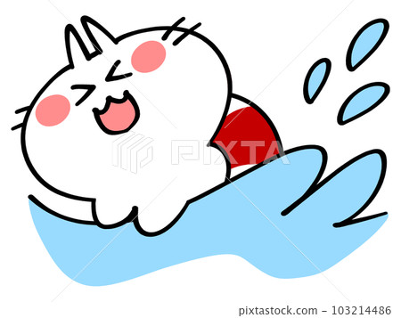 Nyanko illustration material of a floating ring swimming in the sea 103214486