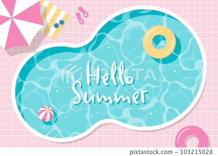 從上方看到的游泳池、雨傘、花車、沙灘球和座椅的背景插圖 從上方看到的游泳池、雨傘、花車、沙灘球和座椅的背景插圖 103215028