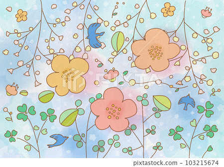 Flowers and a happy blue bird drawn on construction paper Flowers and a happy blue bird drawn on construction paper 103215674