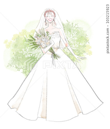 Woman in a smiling wedding dress holding a bouquet Woman in a smiling wedding dress holding a bouquet 103215923