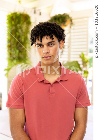 Close-up portrait of biracial young man looking at camera and standing at home, copy space Close-up portrait of biracial young man looking at camera and standing at home, copy space 103216020