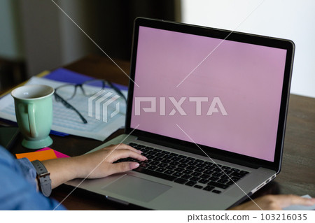 Hand of biracial woman using laptop with copy space on screen, working from home Hand of biracial woman using laptop with copy space on screen, working from home 103216035