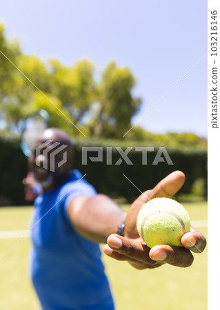 Happy senior african american man holding ball before serving on sunny tennis court, copy space 103216146