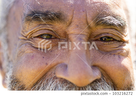 Portrait close up of happy senior biracial man looking at camera and smiling in sun Portrait close up of happy senior biracial man looking at camera and smiling in sun 103216272