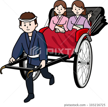 A rickshaw driver and two women in kimonos A rickshaw driver and two women in kimonos 103216725