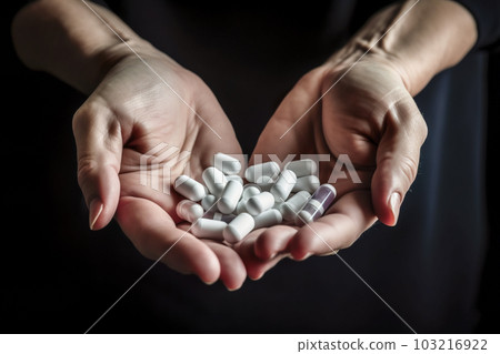 Close up of female hands holding handful of pills. Focus on foreground. Generative AI Close up of female hands holding handful of pills. Focus on foreground. Generative AI 103216922