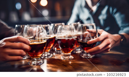 close up view of people clinking glasses with beer at bar counter. Generative AI 103216923