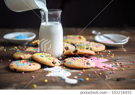 Milk in a glass and cookies on a wooden table, selective focus. Generative AI Milk in a glass and cookies on a wooden table, selective focus. Generative AI 103216931