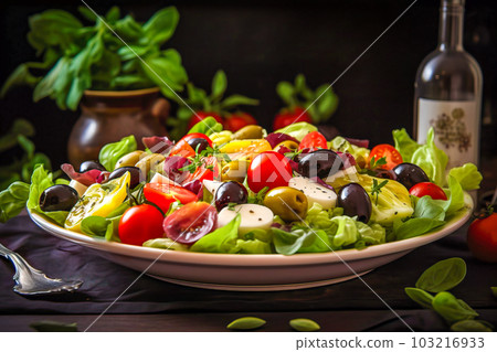 Greek salad with cherry tomatoes, black olives and basil leaves. Generative AI Greek salad with cherry tomatoes, black olives and basil leaves. Generative AI 103216933