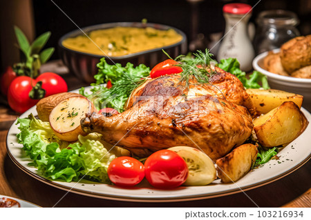 Roast chicken with potatoes and vegetables on a wooden table. Restaurant. Generative AI Roast chicken with potatoes and vegetables on a wooden table. Restaurant. Generative AI 103216934