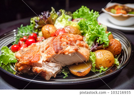 Grilled chicken breast with vegetables on a black plate on a dark background. Generative AI 103216935