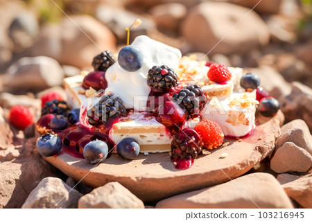Tartlets with fresh berries and whipped cream on a wooden table. Generative AI 103216945
