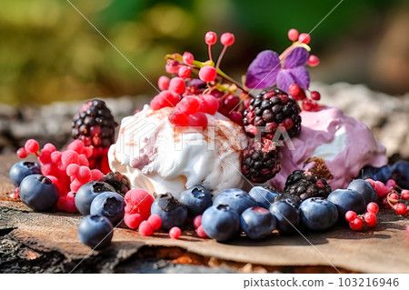 Tartlets with fresh berries and whipped cream on a wooden table. Generative AI 103216946