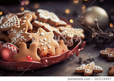 Christmas gingerbread cookies on a wooden background. Generative AI 103216947