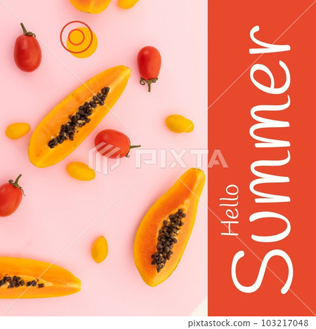Composite of hello summer text and papayas with red and yellow cherry tomatoes, copy space Composite of hello summer text and papayas with red and yellow cherry tomatoes, copy space 103217048