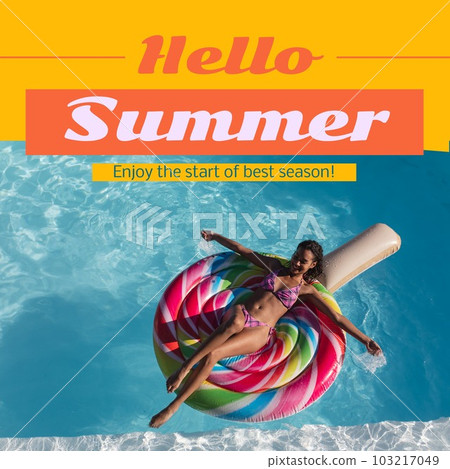 Hello summer text and biracial woman in bikini relaxing on inflatable ring in swimming pool 103217049