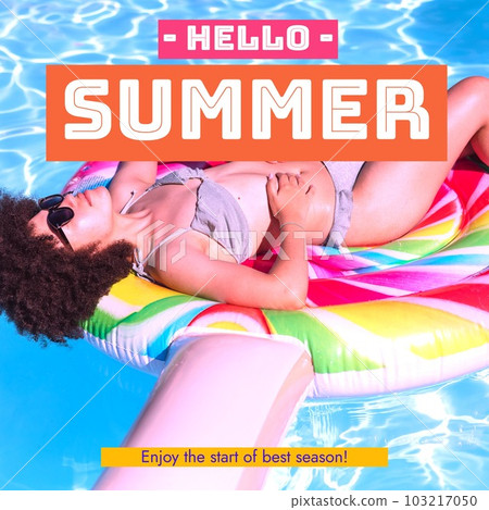 Hello summer text and biracial woman in bikini with inflatable ring relaxing in swimming pool 103217050