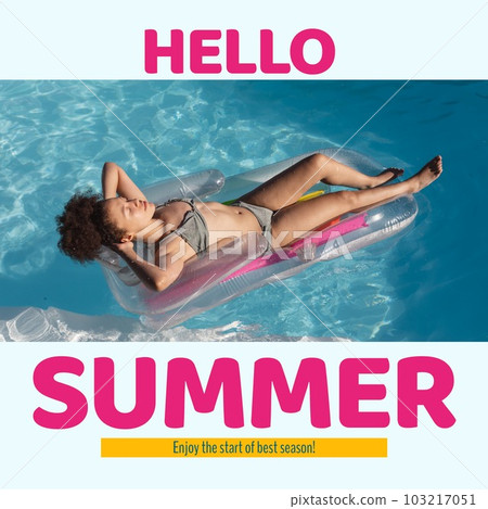 Hello summer text and biracial woman in bikini with inflatable ring floating and relaxing in pool 103217051