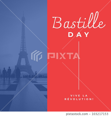 Composition of bastille day text over eiffel tower on red and blue background 103217153