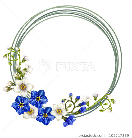 Beautiful watercolor blue and white forget-me-not frame for wedding bouquets, Mother's Day, Father's Day, Valentine's Day, birthday, spring and summer bouquets. Elements isolated on white background 103217289