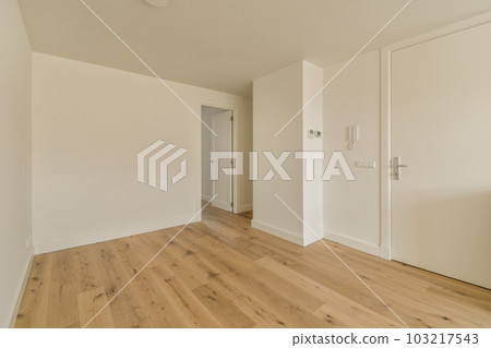 an empty room with white walls and wood flooring on the right side, there is a door that leads to another room an empty room with white walls and wood flooring on the right side, there is a door that leads to another room 103217543
