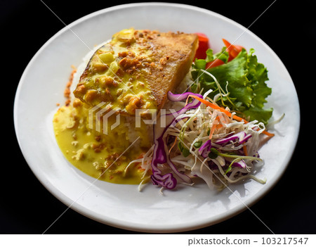Grilled basa fish with rice and salad on black background 103217547